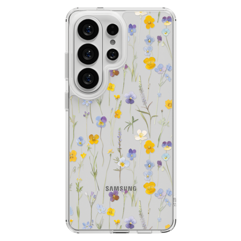 Pansy Wildflower Clear Phone Case shown on Galaxy S26 Ultra