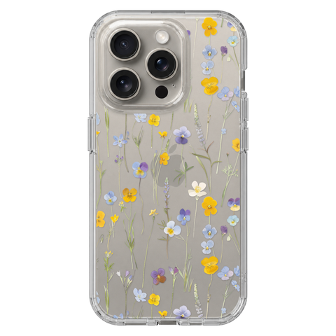 Pansy Wildflower Clear Phone Case shown on iPhone 15 Pro