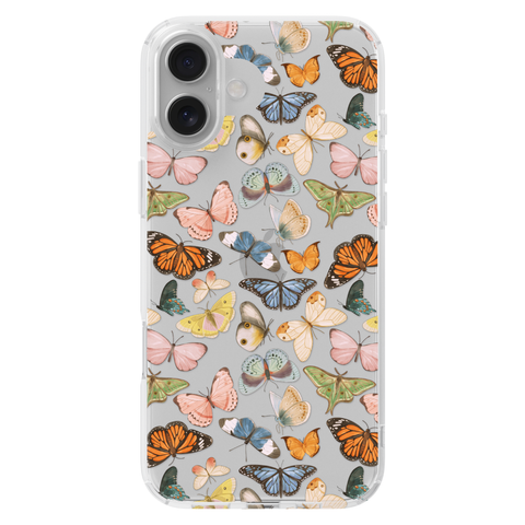 Colorful Butterfly Clear Phone Case shown on iPhone 16 Plus