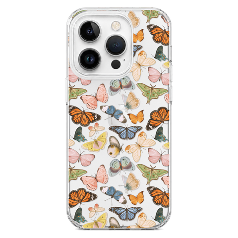 Colorful Butterfly Clear Phone Case shown on iPhone 14 Pro