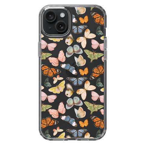 Colorful Butterfly Clear Phone Case shown on iPhone 15 Plus