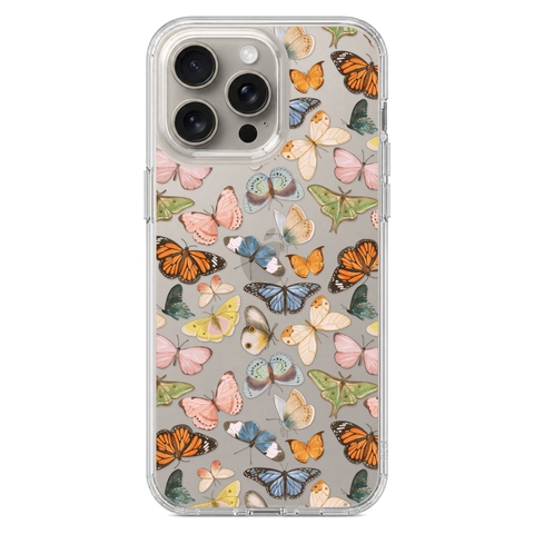 Colorful Butterfly Clear Phone Case shown on iPhone 15 Pro Max