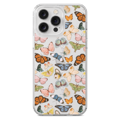 Colorful Butterfly Clear Phone Case shown on iPhone 14 Pro Max
