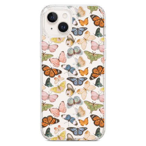 Colorful Butterfly Clear Phone Case shown on iPhone 14 Plus