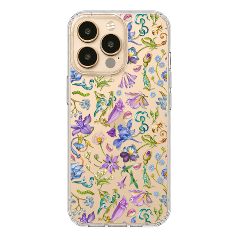 Purple Garden Party Botanical Clear Phone Case shown on iPhone 13 Pro