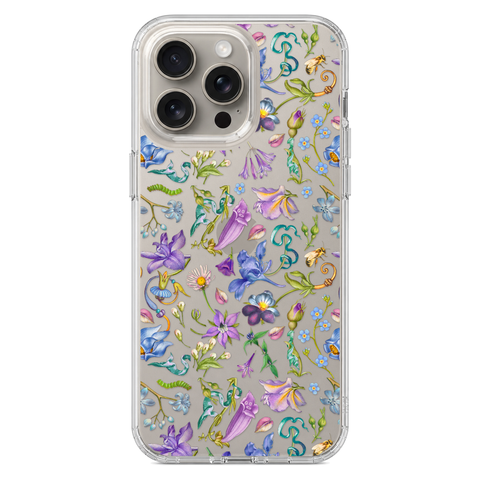 Purple Garden Party Botanical Clear Phone Case shown on iPhone 15 Pro Max