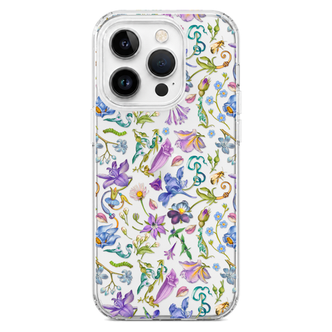 Purple Garden Party Botanical Clear Phone Case shown on iPhone 14 Pro