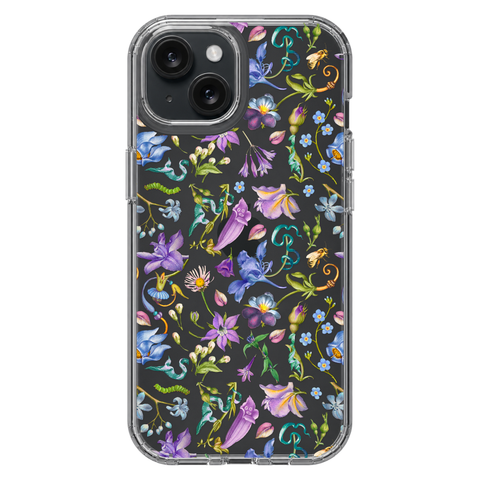 Purple Garden Party Botanical Clear Phone Case shown on iPhone 15