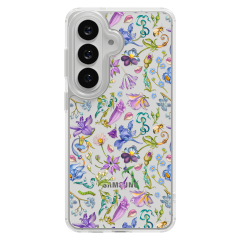 Purple Garden Party Botanical Clear Phone Case shown on Galaxy S26 Plus