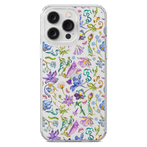Purple Garden Party Botanical Clear Phone Case shown on iPhone 14 Pro Max