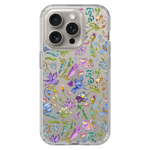 Purple Garden Party Botanical Clear Phone Case shown on iPhone 15 Pro