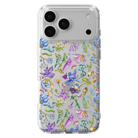 Purple Garden Party Botanical Clear Phone Case shown on iPhone 17 Pro Max