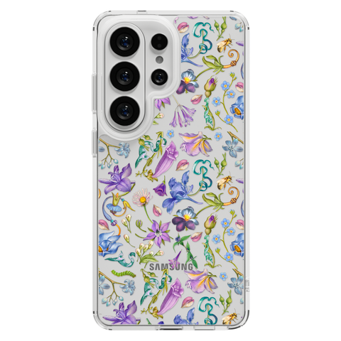 Purple Garden Party Botanical Clear Phone Case shown on Galaxy S26 Ultra