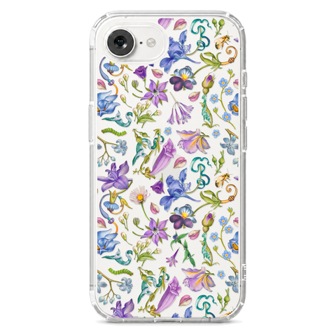 Purple Garden Party Botanical Clear Phone Case shown on iPhone 16e