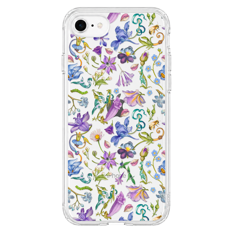 Purple Garden Party Botanical Clear Phone Case shown on iPhone SE [2020/2022]