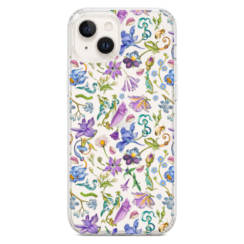 Purple Garden Party Botanical Clear Phone Case shown on iPhone 14 Plus