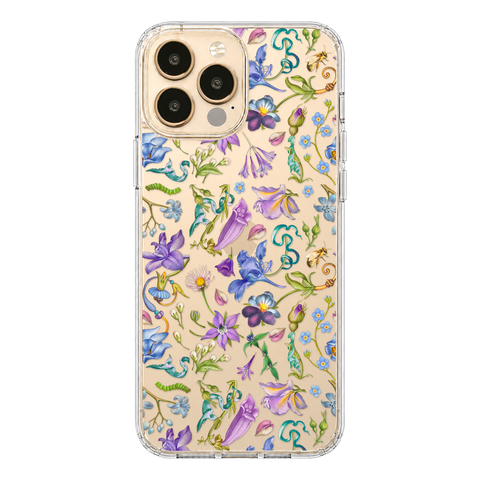 Purple Garden Party Botanical Clear Phone Case shown on iPhone 13 Pro Max