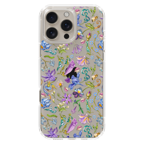 Purple Garden Party Botanical Clear Phone Case shown on iPhone 16 Pro Max