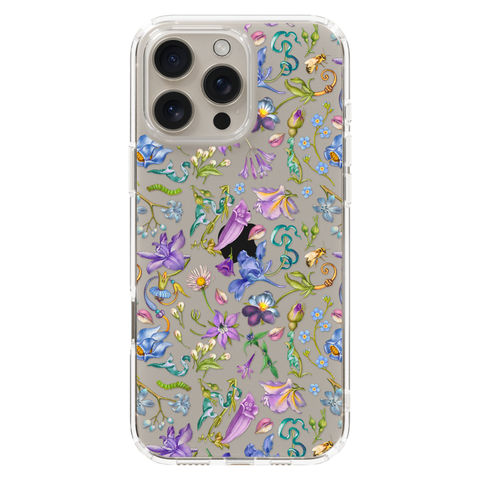 Purple Garden Party Botanical Clear Phone Case shown on iPhone 16 Pro