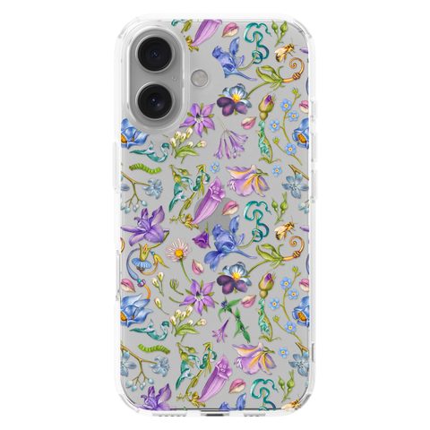Purple Garden Party Botanical Clear Phone Case shown on iPhone 16
