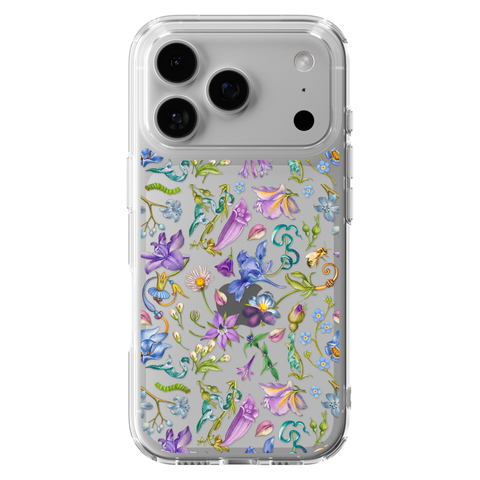 Purple Garden Party Botanical Clear Phone Case shown on iPhone 17 Pro