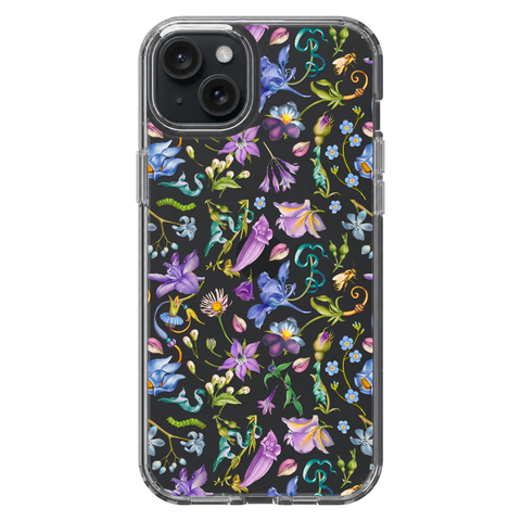 Purple Garden Party Botanical Clear Phone Case shown on iPhone 15 Plus