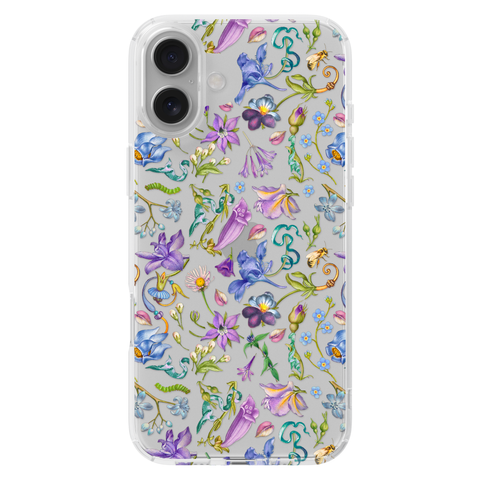 Purple Garden Party Botanical Clear Phone Case shown on iPhone 16 Plus