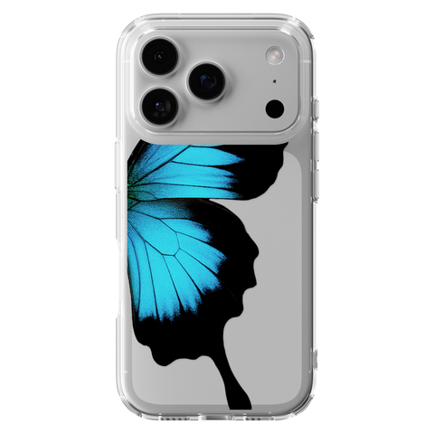Blue Swallowtail Butterfly Wing Print Clear Phone Case shown on iPhone 17 Pro