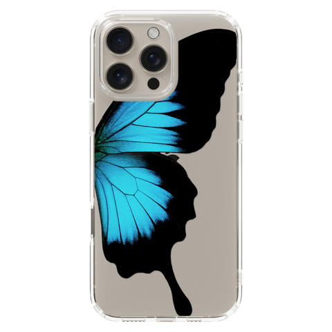 Blue Swallowtail Butterfly Wing Print Clear Phone Case shown on iPhone 16 Pro