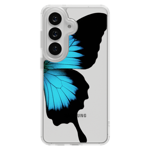 Blue Swallowtail Butterfly Wing Print Clear Phone Case shown on Galaxy S26 Plus