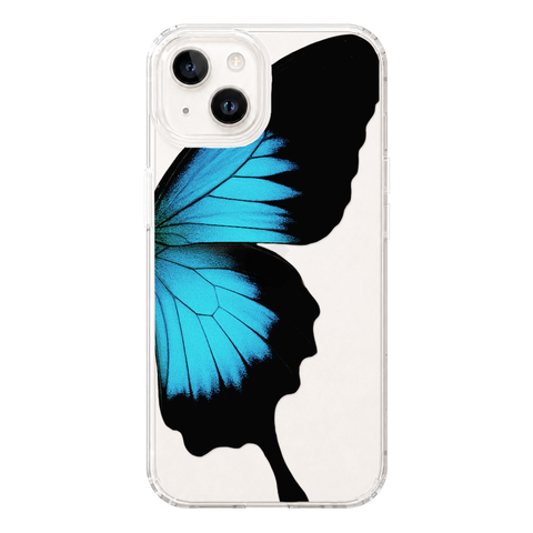 Blue Swallowtail Butterfly Wing Print Clear Phone Case shown on iPhone 14