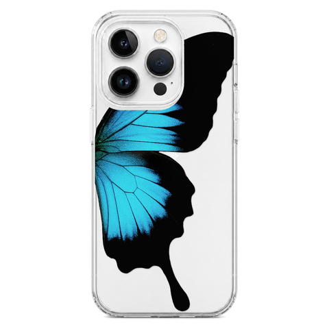 Blue Swallowtail Butterfly Wing Print Clear Phone Case shown on iPhone 14 Pro