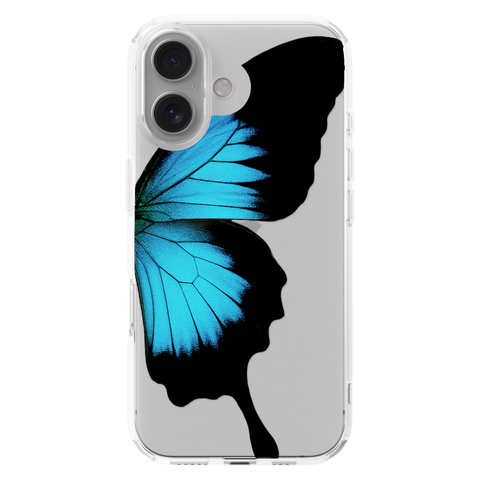 Blue Swallowtail Butterfly Wing Print Clear Phone Case shown on iPhone 16