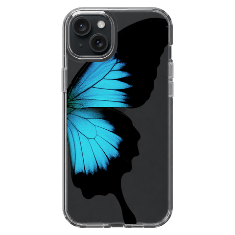 Blue Swallowtail Butterfly Wing Print Clear Phone Case shown on iPhone 15 Plus
