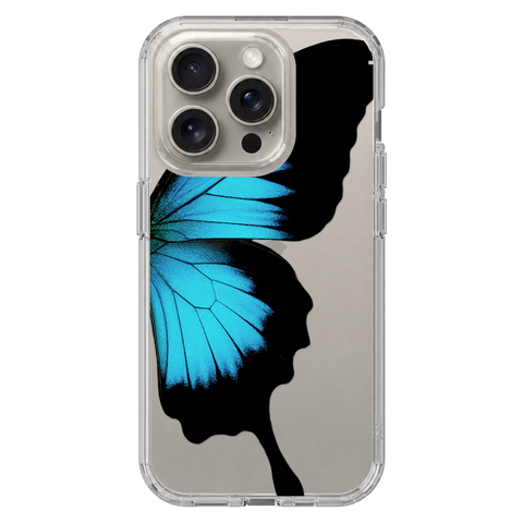 Blue Swallowtail Butterfly Wing Print Clear Phone Case shown on iPhone 15 Pro