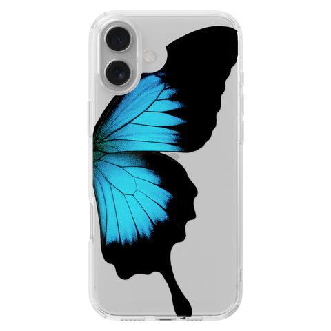 Blue Swallowtail Butterfly Wing Print Clear Phone Case shown on iPhone 16 Plus