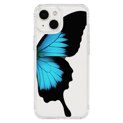 Blue Swallowtail Butterfly Wing Print Clear Phone Case shown on iPhone 13 Mini