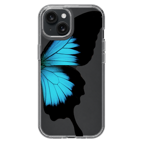 Blue Swallowtail Butterfly Wing Print Clear Phone Case shown on iPhone 15