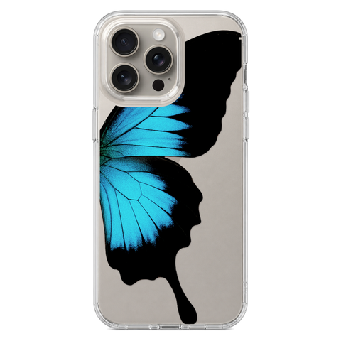 Blue Swallowtail Butterfly Wing Print Clear Phone Case shown on iPhone 15 Pro Max