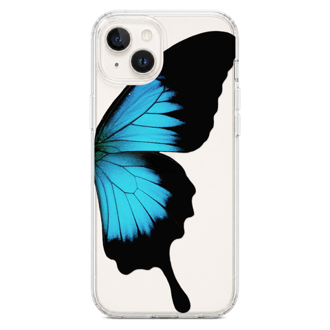 Blue Swallowtail Butterfly Wing Print Clear Phone Case shown on iPhone 14 Plus