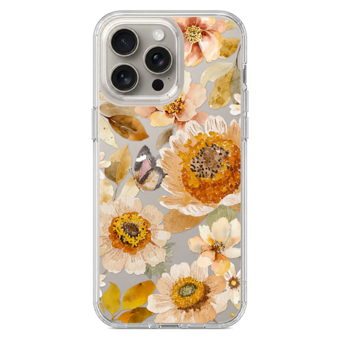 Boho Autumn Wildflowers Clear Phone Case shown on iPhone 15 Pro Max
