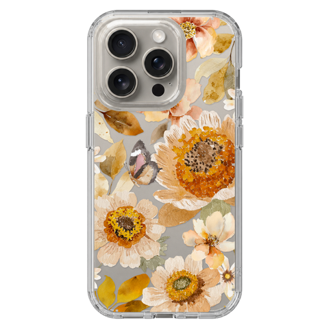 Boho Autumn Wildflowers Clear Phone Case shown on iPhone 15 Pro