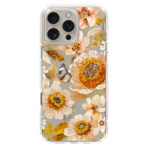 Boho Autumn Wildflowers Clear Phone Case shown on iPhone 16 Pro