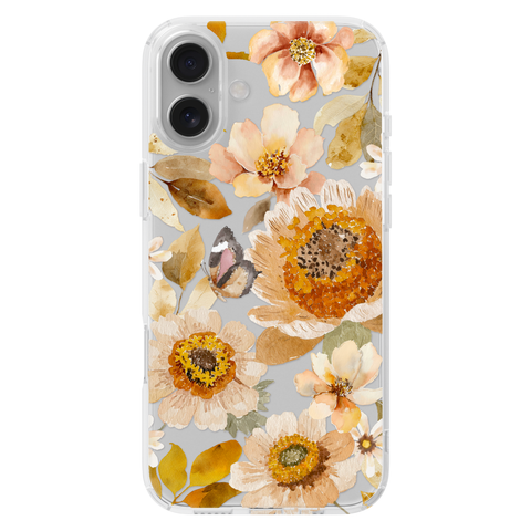 Boho Autumn Wildflowers Clear Phone Case shown on iPhone 16 Plus
