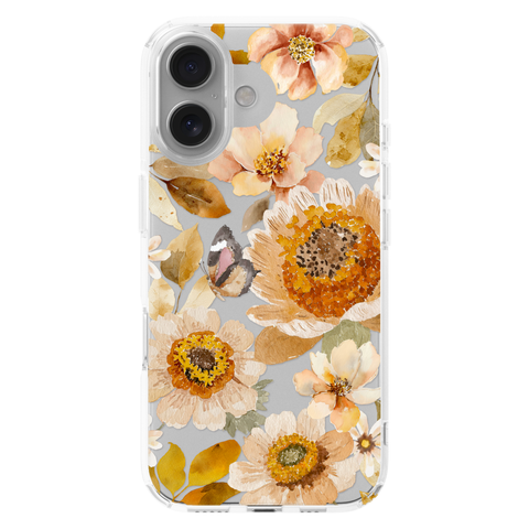 Boho Autumn Wildflowers Clear Phone Case shown on iPhone 16