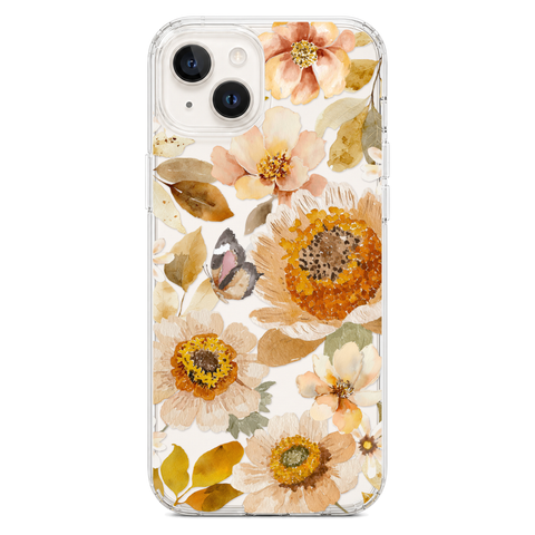 Boho Autumn Wildflowers Clear Phone Case shown on iPhone 14 Plus