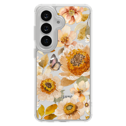 Boho Autumn Wildflowers Clear Phone Case shown on Galaxy S26 Plus