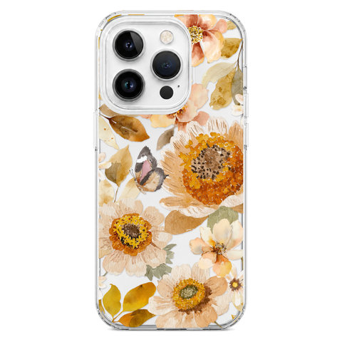 Boho Autumn Wildflowers Clear Phone Case shown on iPhone 14 Pro