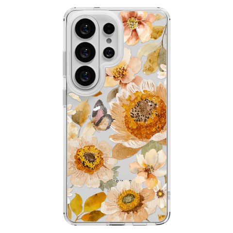 Boho Autumn Wildflowers Clear Phone Case shown on Galaxy S26 Ultra