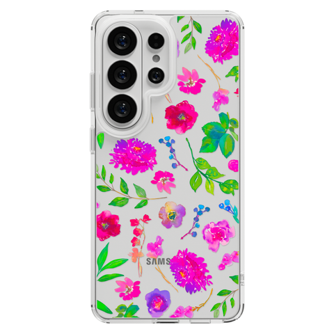 Aesthetic Bright Flowers Phone Case For iPhone 17 16 15 14 13 7 8 SE Galaxy S26 S25 Watercolor Floral MagSafe Case shown on
